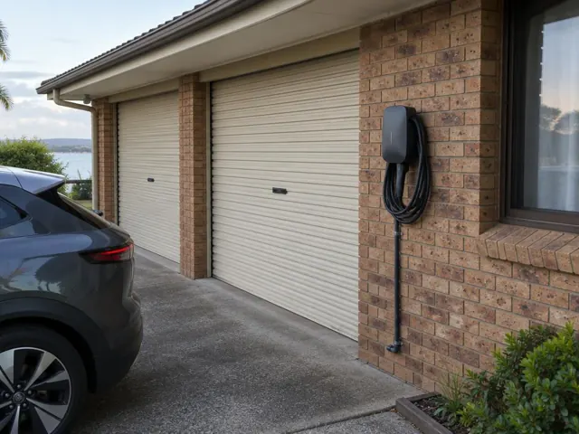 Exterior EV charger mounted on a brick wall beside a garage in Lake Munmorah