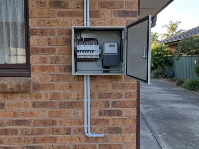 Upgraded switchboard on an exterior brick wall with conduit beside a driveway in Buff Point